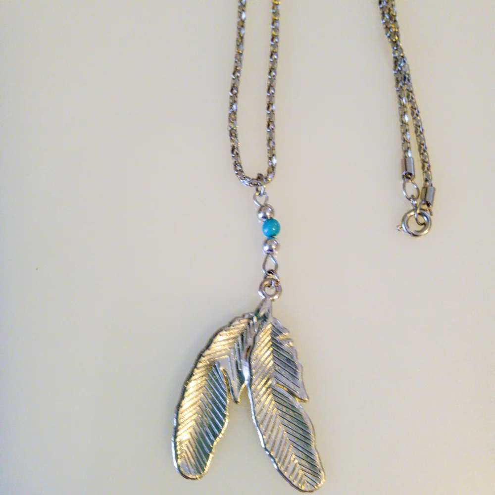 Blue and Silver Feather Pendant Necklace